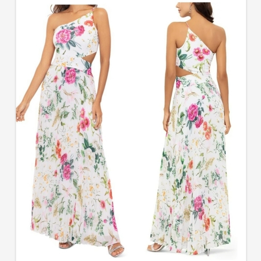 NWT Betsy & Adam Floral Chiffon One-Shoulder Cut Out  Maxi Dress SZ 4
